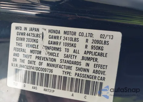 2013 Acura Tsx 2.4 from USA, damaged, VIN JH4CU2F41DC009736